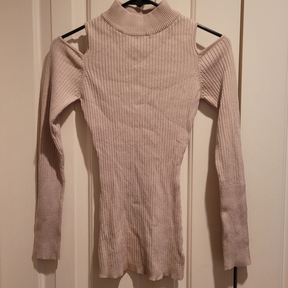Say What? Tan Shoulderless Long Sleeve Ribbed Sweater - Picture 2 of 9